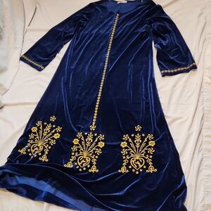 Islamic Blue Velvet Abaya Dress with Gold Embroidery Dubai Style Sz 14 (58)
